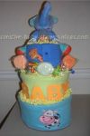 blue and green diaper cake with blue elephant