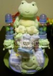frog diaper cake with bottles and bibs