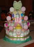 frog  and washcloth lollipops diaper cake