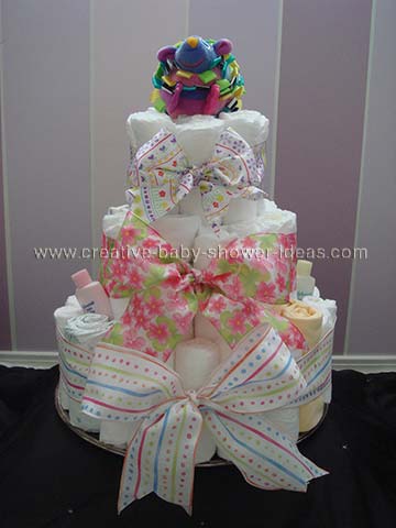 colorful bows diaper cake centerpiece