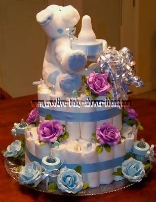 blue and lavender flowers diaper cake
