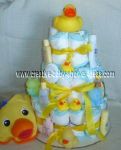 duck diaper cake with yellow ribbons