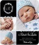 blue and black birth announcement with 3 cute baby pictures