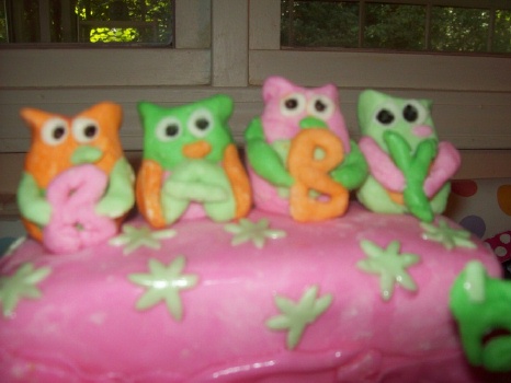 closeup of green orange and pink baby shower owls