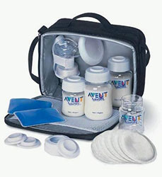 avent isis breast on the go breast pump kit in a black bag