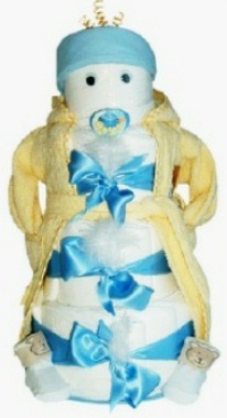 blue and white diaper cake covered with yellow bathrobe and dressed like a baby