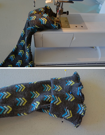 Sewing socks in sewing machine to make baby leg warmers