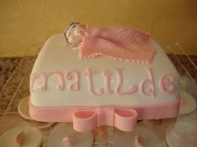 Top of Pink and White Baby Shower Cake