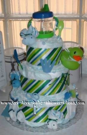 green and blue striped diaper cake