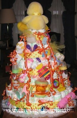 back of baby shower duck diaper cake