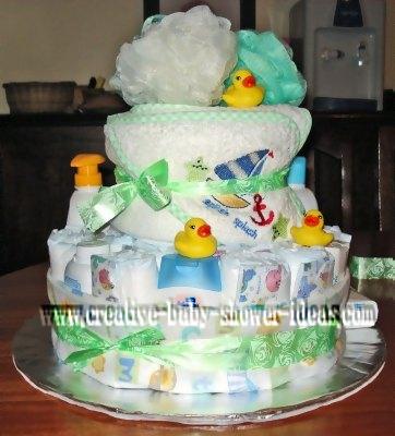 back of baby shower duck diaper cake