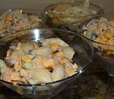 shrimp pasta salad in martini glasses