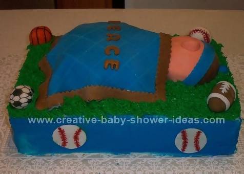 side sports ball cake showing blue sides and football decorations