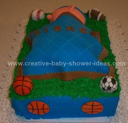 other side of sports ball cake showing blue sides and soccer ball decorations