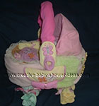 baby basket carriage covered with sleepers, blankets and baby items