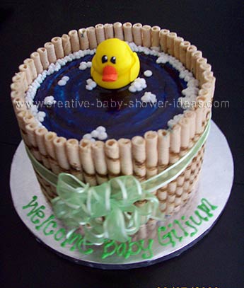 Side View of Duck Bathtub Cake with green bow