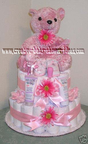 pink daisies bear diaper cake