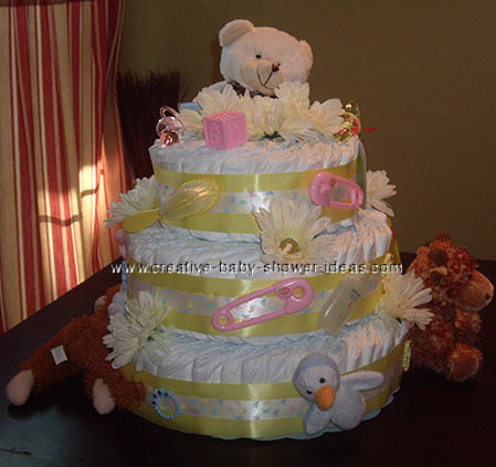 cream bear  and flowers diaper cake