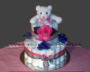 pink and purple bear diaper cake