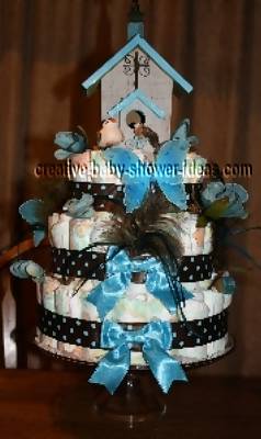 blue birdhouse and polka dots diaper cake