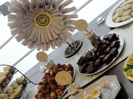 view of book baby shower food table