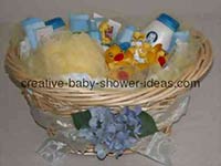 basket filled with baby items for a shower centerpiece