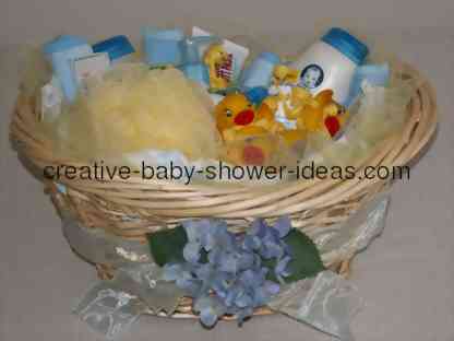 baby basket centerpiece filled with baby supplies