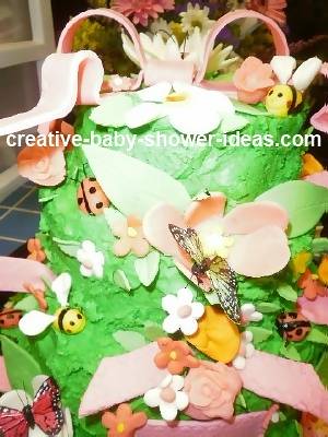 Closeup showing details of bugs on baby shower cake