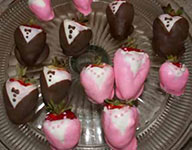 chocolate covered strawberries in a tuxedo and evening gown dress design