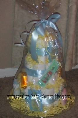 yellow and blue diaper cake
