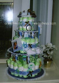blue and brown doll diaper cake