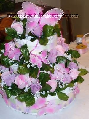 pink butterflies and flowers diaper cake