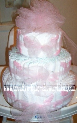 pink and white bows diaper cake