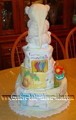 back of bear diaper cake showing baby supplies