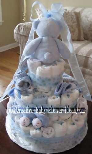 back of blue bear diaper cake