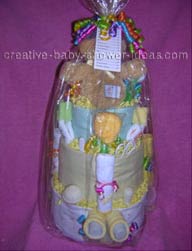 back of teddy bear diaper cake wrapped in cellophane
