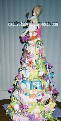 sideview of colorful doll diaper cake