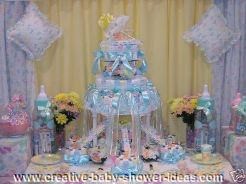 blue wedding style diaper cake on baby shower table