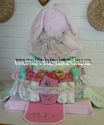 back of pink bunny diaper cake