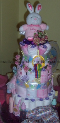 pink and white bunny diaper cakes