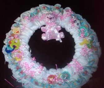 closeup of pink bear diaper wreath