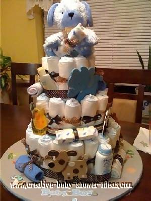 brown and blue polka dot dog diaper cake