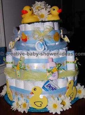 blue and white ducks and daisies diaper cake