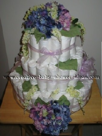 elegant blue and purple hydranga flowers diaper cake
