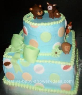 Blue and Green Polka Dot Cake with Forest Animals