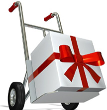 white gift with a red bow on a dolly to be delivered