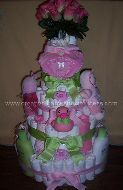 elegant pink and green girl diaper cake
