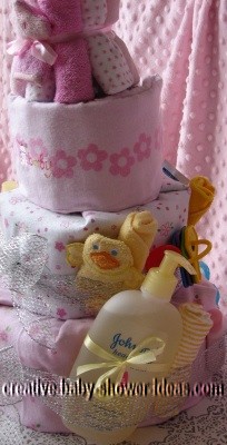 closeup of left side of girl diaper cake