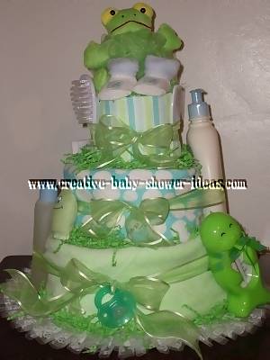 green bubbles and stripes frog diaper cake