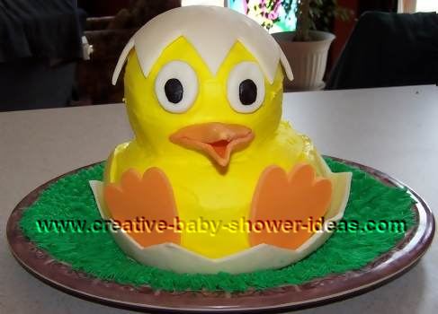 bright yellow hatching baby duck in shell cake